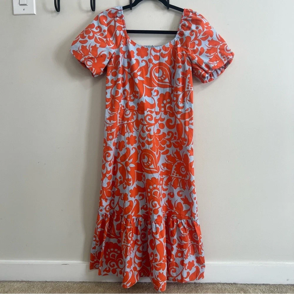 Talbots Orange Floral Puff Sleeve Poplin Midi Dress Spring Cotton Resortwear - Picture 2 of 10